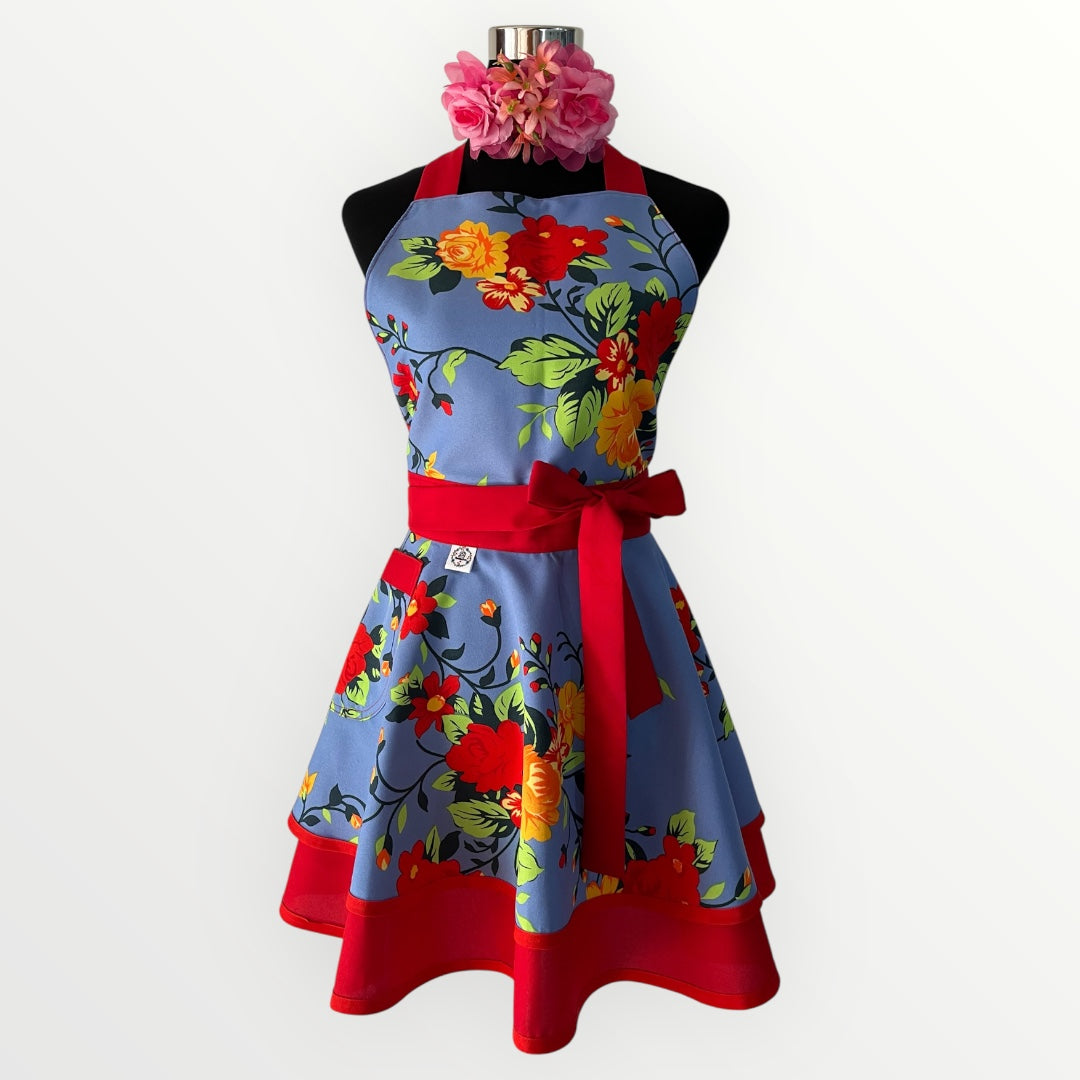 Delantal Floral azul y rojo